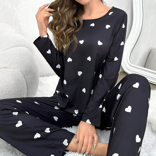 Conjunto de pijama largo informal de dos piezas con estampado de corazones para mujer