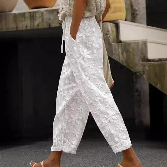 Pantalones cortos casuales con cordones y bordado floral de verano para mujer