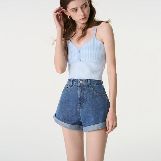 Pantalones cortos vaqueros holgados y enrollables de moda informal para mujer
