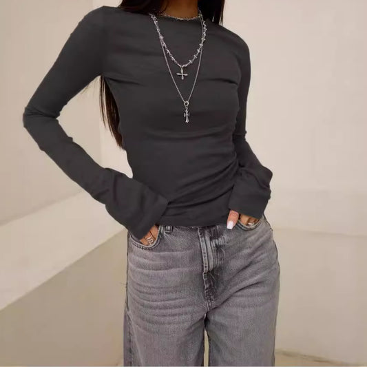 Camiseta informal de manga larga ajustada con cuello redondo y color liso para mujer