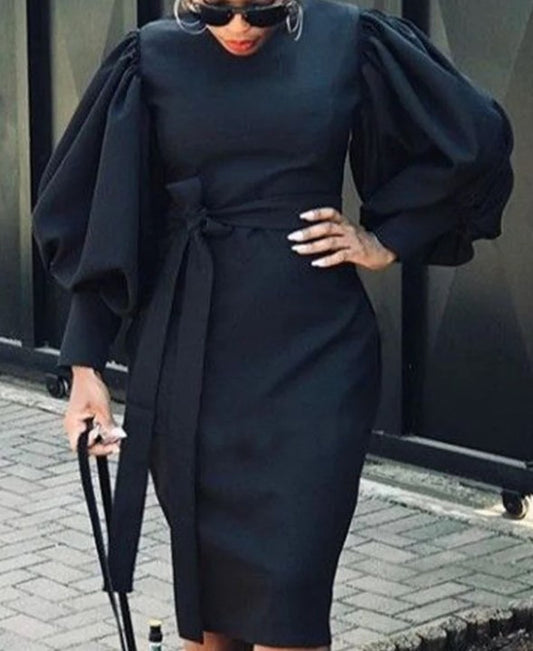 Vestido midi informal ajustado con cuello redondo y mangas abullonadas para mujer