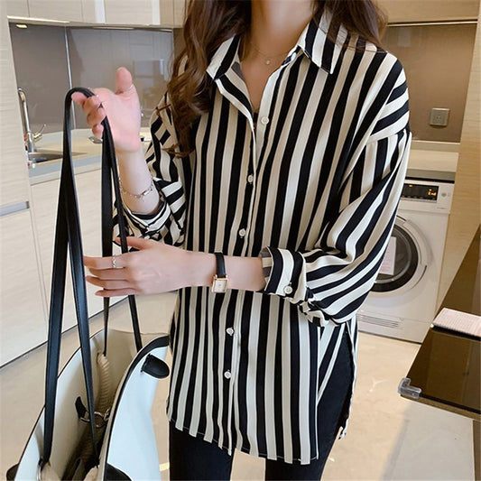Blusas casuales de manga larga con estampado de rayas blancas y negras para mujer