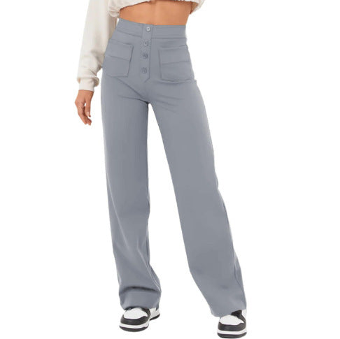 Pantalones casuales rectos de cintura alta con botones y múltiples bolsillos para mujer