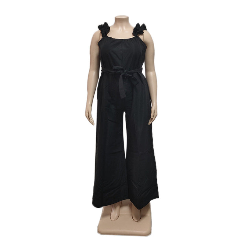 Women Fashion Casual Solid Color Ruffled Shoulder Strap Plus Size Wide Leg Jumpsuit