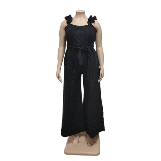 Women Fashion Casual Solid Color Ruffled Shoulder Strap Plus Size Wide Leg Jumpsuit