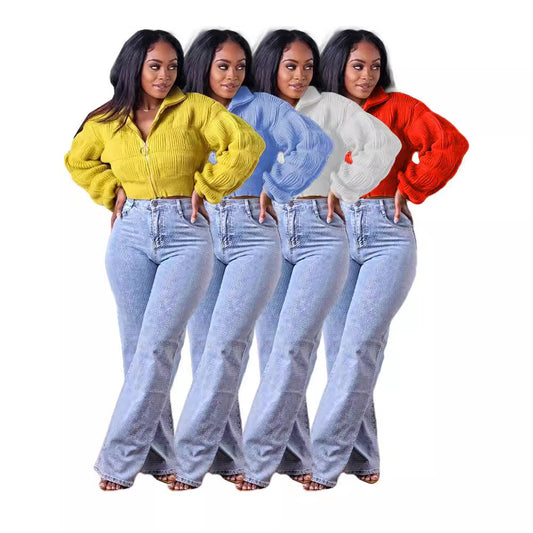 Women Casual Loose Solid Color Zipper Lapel Knitted Sweater