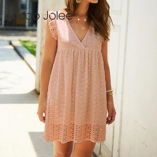 Vestido minivestido elegante para mujer, de color liso, con escote en V, encaje con volantes, sin mangas, corte A, informal, holgado, para playa y verano