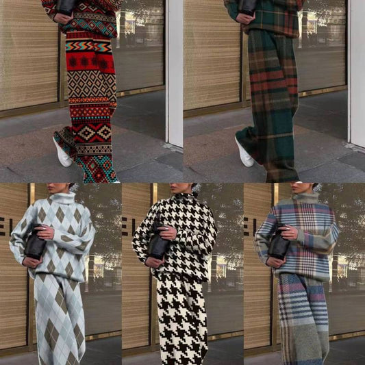Women Fashion Casual Houndstooth Printing Sweater Pants Two-Piece Set