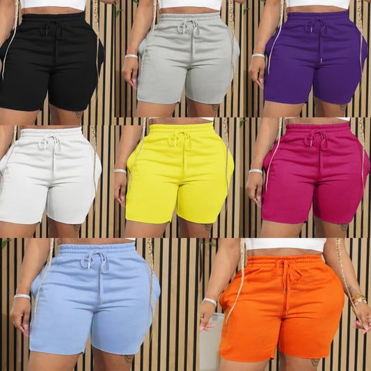 Summer Women Casual Solid Color Drawstring Shorts
