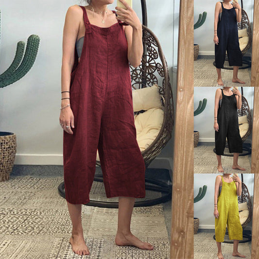 Women Summer Solid Color Cotton Overalls Loose Casual Jumpsuits