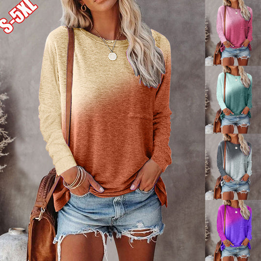 Casual Fashion Women Gradient Color Long Sleeve Round Neck T-Shirt