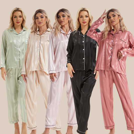 Women Home Simple Casual Imitation Silk Thick Striped Cardigan Long Sleeve Pajamas Set