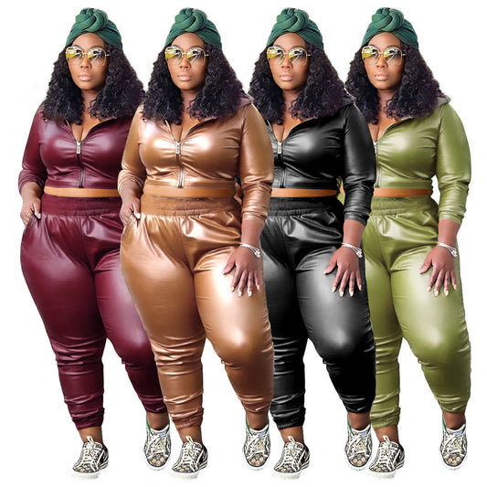Conjunto de dos piezas formado por top y pantalón con cremallera, manga larga, PU, talla grande, informal, a la moda para mujer