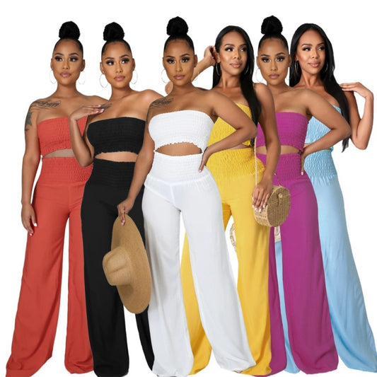 Conjunto de dos piezas para mujer, informal, elegante, de color liso, con top de tubo y pantalones holgados