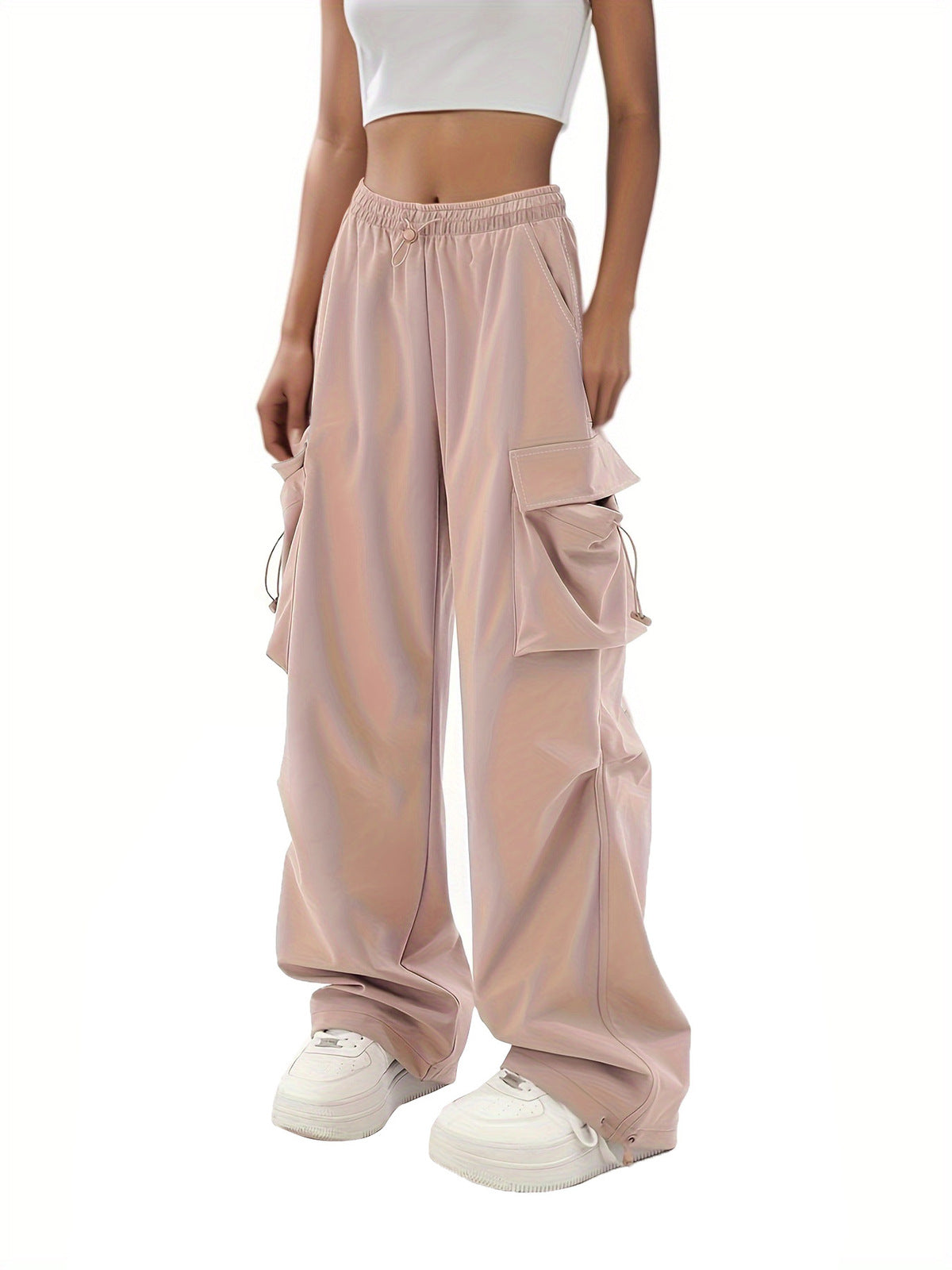 Women Fashion Casual Solid Color Pocket Drawstring Pants