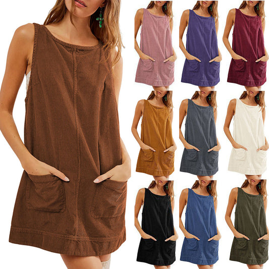 Women Casual Corduroy Solid Color Sleeveless Mini Dress