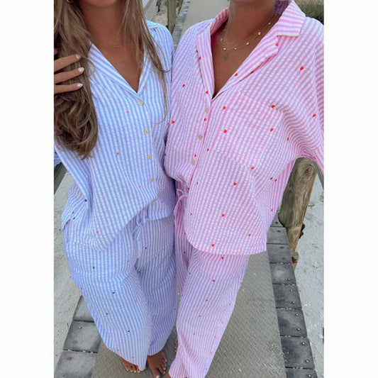 Conjunto de pijama informal de manga larga con bordado de corazón y rayas para mujer