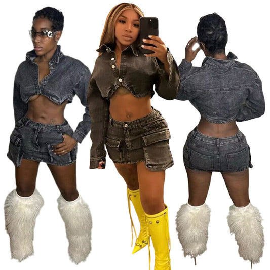 Conjunto de dos piezas de abrigo vaquero con solapa, sexy, informal y de cintura alta con bolsillo y falda elástica para mujer
