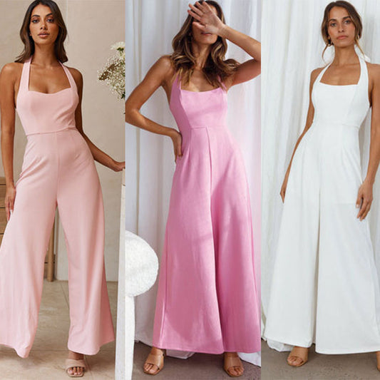 Women Simple Fashion Casual Halter Neck Backless Wide Leg Jumpsuits