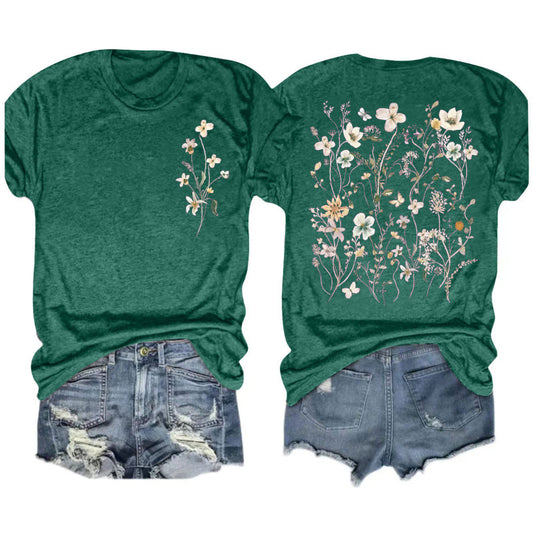 Camiseta informal de manga corta con cuello redondo y estampado floral para mujer