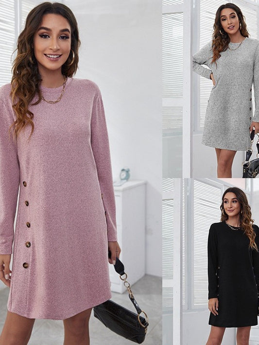 Women Casual Solid Color Button Decorative Loose Round Neck Long Sleeve Mini Dress