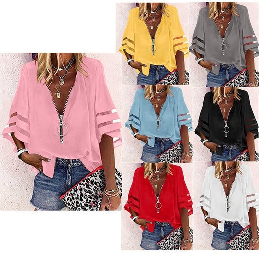 Blusa informal de mujer con cuello en V, media cremallera y mangas acampanadas