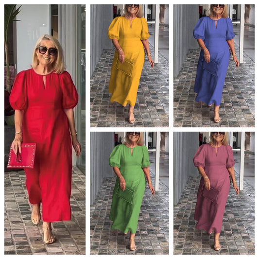 Plus Size Women Summer Solid Color Casual Crewneck Puff Sleeve Maxi Dress