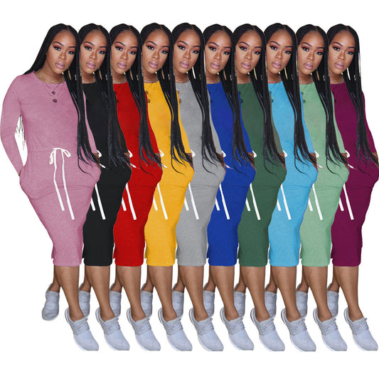 Classic Simple Casual Solid Color Long Sleeve Women Drawstring Dress
