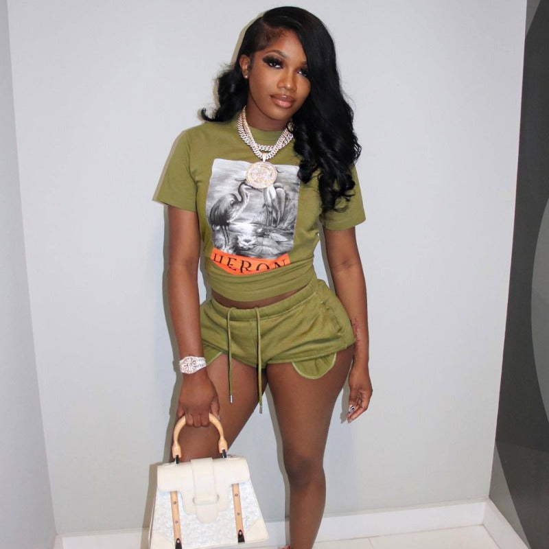 Summer Women Casual High Waist Graphic Print Short-Sleeved T-Shirt Shorts Set