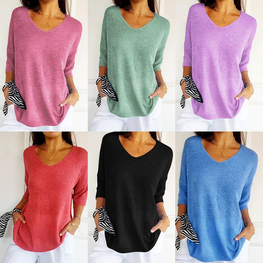 Women Fashion Casual V-Neck Solid Color Knit Sweater