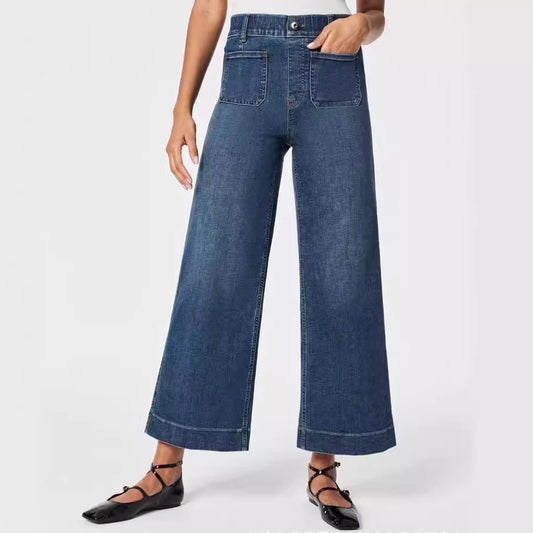 Vaqueros de pierna ancha y cintura alta informales a la moda para mujer