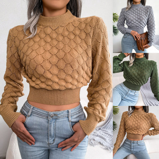 Suéter de punto corto de manga larga de color liso, informal, de moda, para otoño e invierno.