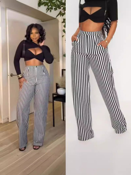 Women Casual Stripe Printed High Waist Straight Leg Pants