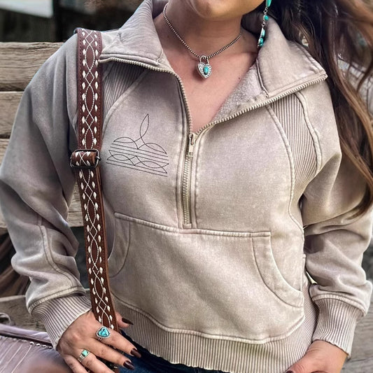 Women Fashion Casual Printed Lapel Long Sleeve Zipper Stitching Sweatshirt