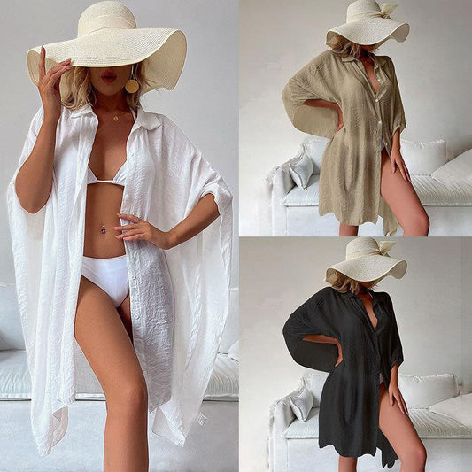 Vacation Sunscreen Cardigan Solid Color Loose Breathable Casual Shirt Beach Coverup
