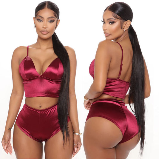 Conjunto de pijama informal atrevido sin mangas con camisola y pantalones cortos de satén de color liso para mujer