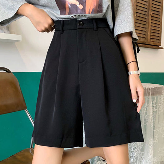 Summer Women Casual Solid Color Black Straight Suit Shorts