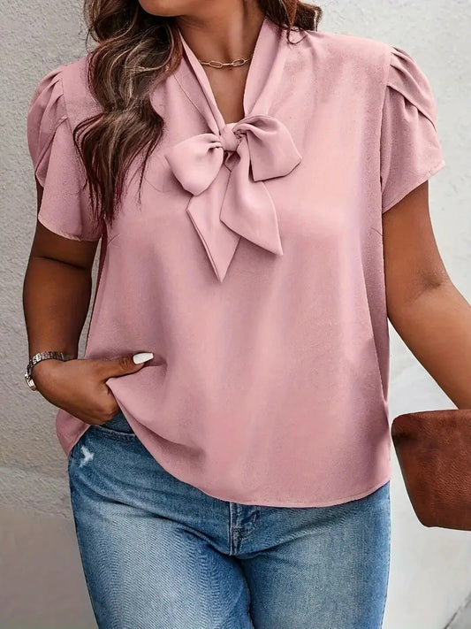 Blusa informal de manga corta con lazo y cordones de color liso de talla grande para mujer