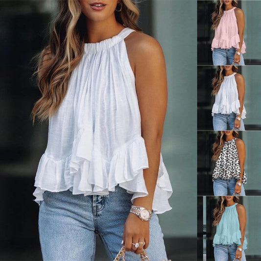 Blusa informal de verano para vacaciones, color liso, sin mangas, holgada, con cuello redondo y volantes