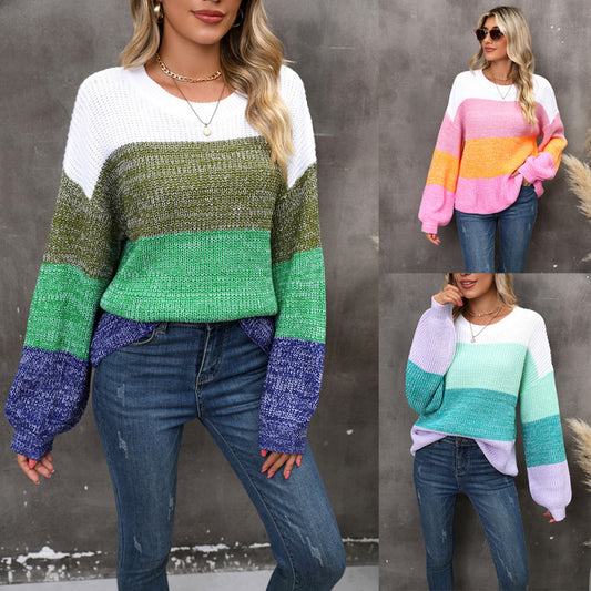 Suéter de rayas con bloqueo de color informal de moda para mujer de otoño e invierno