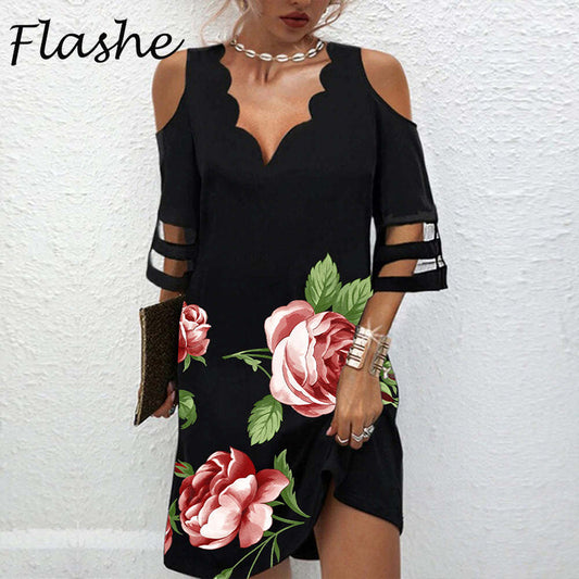 Summer Women Elegant Short Sleeves V Neck Cool Shoulder Mesh Patchwork Casual Loose Mini Dress