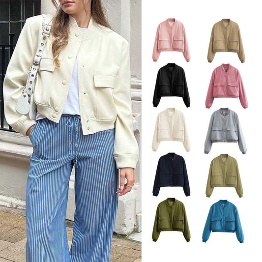 Chaqueta informal de manga larga con bolsillos de color liso a la moda para mujer