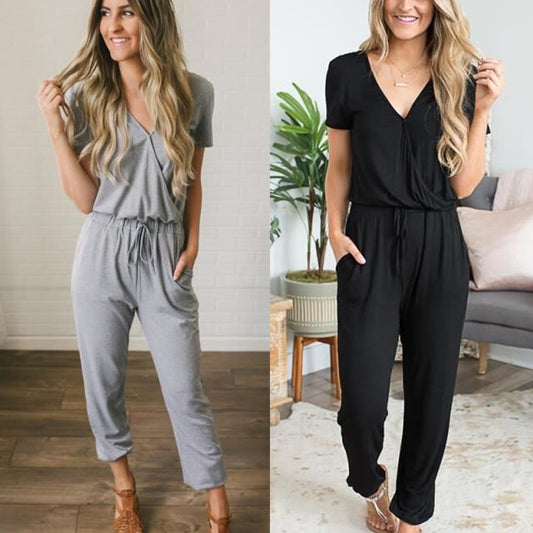 Women Casual Simple Solid Color Waist Drawstring Jumpsuits