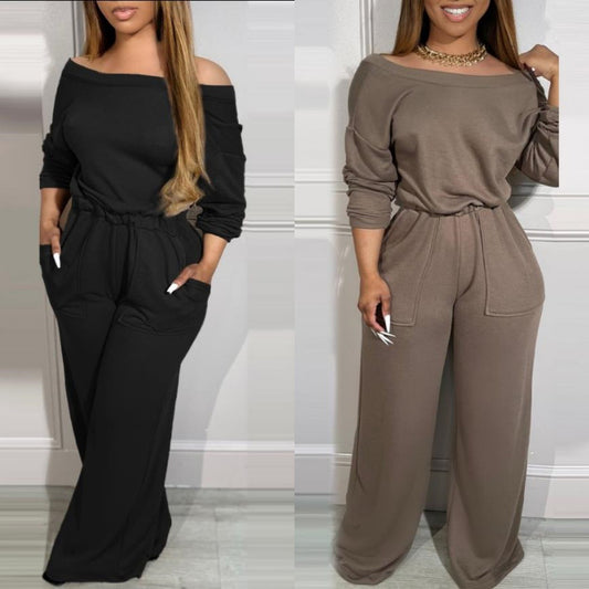 Women Simple Casual Solid Color Off Shoulder Jumpsuits