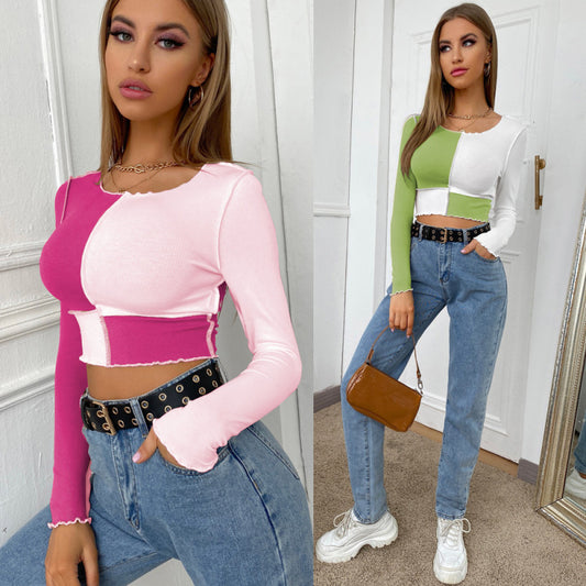 Camiseta corta informal de manga larga con bloques de color a la moda para mujer