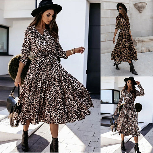 Vestido midi informal con estampado de leopardo y manga larga para mujer, otoño e invierno