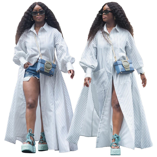 Women Stripe Printing Fashion Casual Long Plus Size Shirt Dress