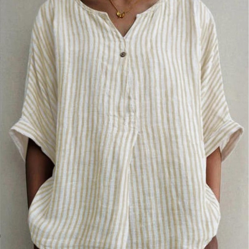 Camisa de lino y algodón a rayas con cuello en V informal y holgada para mujer