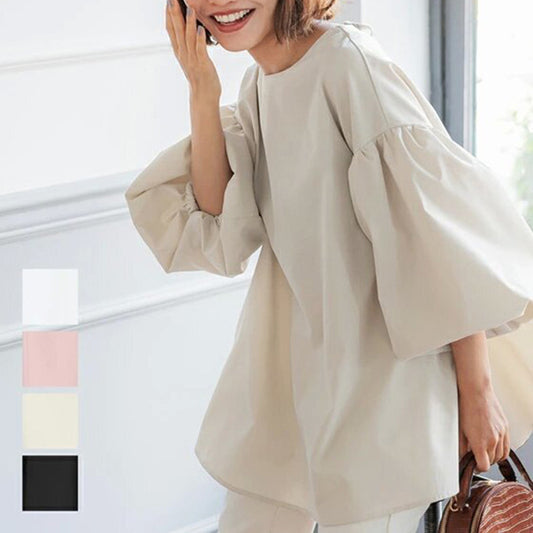 Blusa informal holgada con mangas abullonadas, cuello redondo, color liso, elegante para oficina para mujer