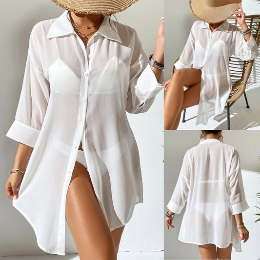 Women Casual Perspective Chiffon Shirt Bikini Cover-Ups